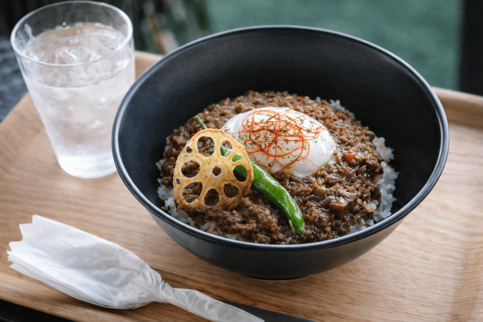 宮崎県都城市のどんぶりカレー専門店まっきーカレーのたっぷり牛肉のキーマカレー。国内産牛肉をふんだんに使い、肉本来の旨味を引き出した一皿