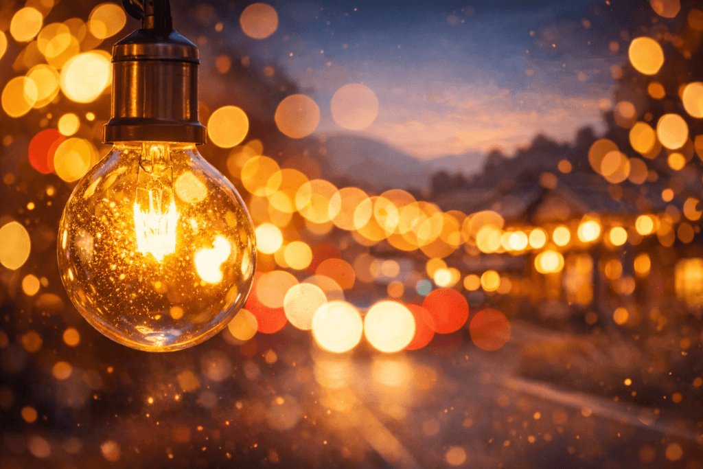 街にあかりを灯すという理念を象徴する、都城の風景と温かく灯る電球の写真