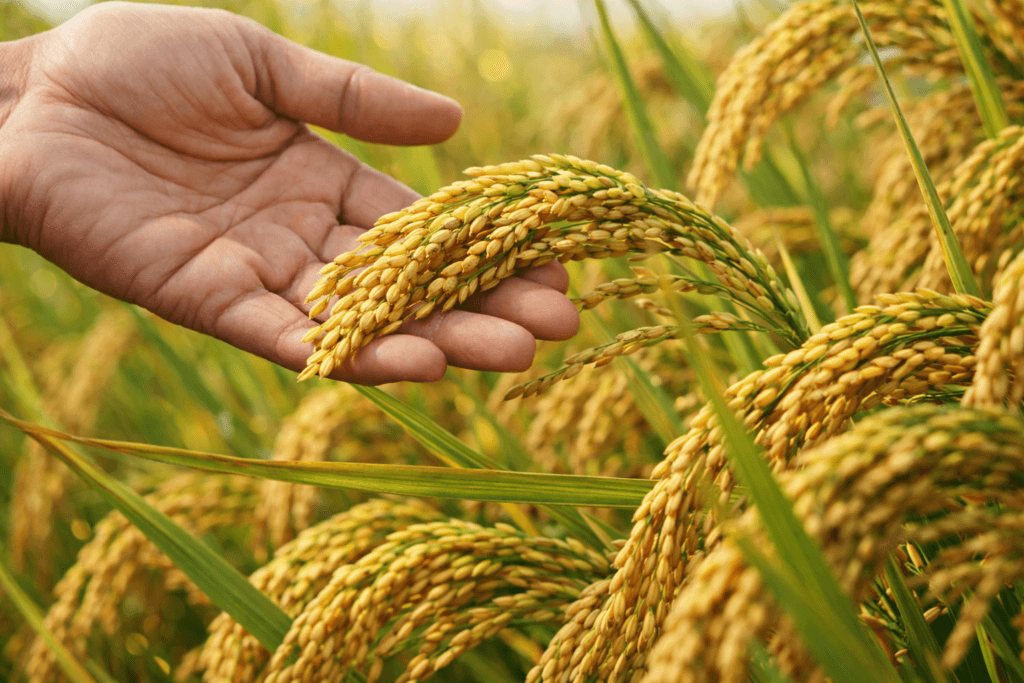 宮崎県都城市の田んぼで稲穂を手に取る様子