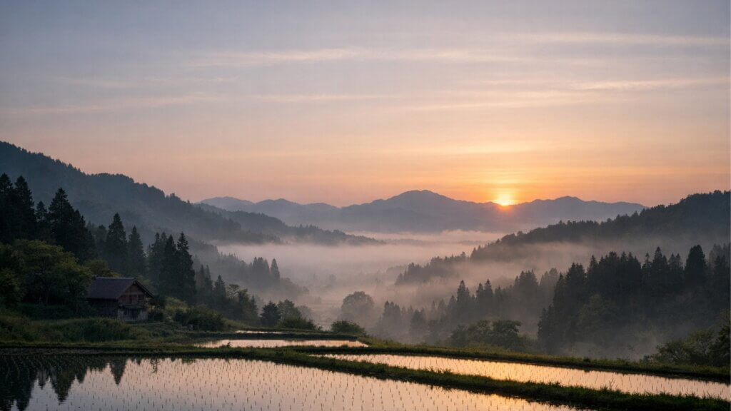 宮崎県都城市の田園と山々に朝霧が立ち込める風景。静かに町を見守る「田の神さあ」の世界観を表現した、まっきーカレーの都城物語メインビジュアル