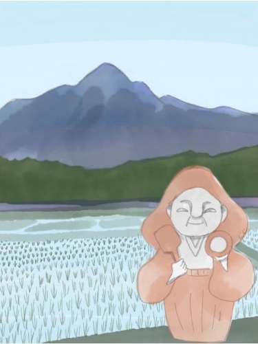 宮崎県都城市の田んぼに立つ、田の神さぁを描いたイラスト。まちに明かりを灯し、人を見守る存在を表現した童話のビジュアル